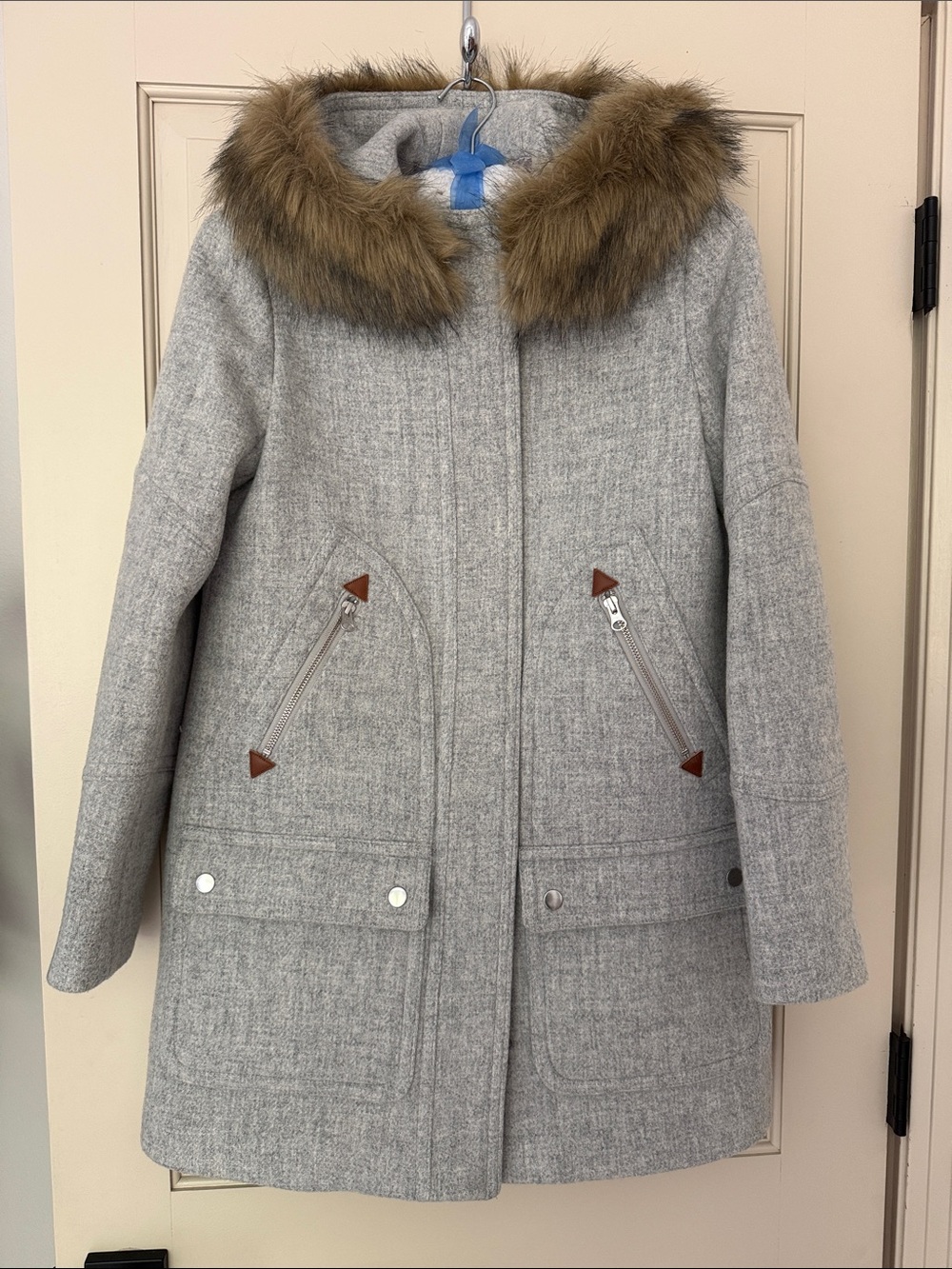 J. Crew Light Gray Wool-Blend Trench Coat with Faux Fur Hood